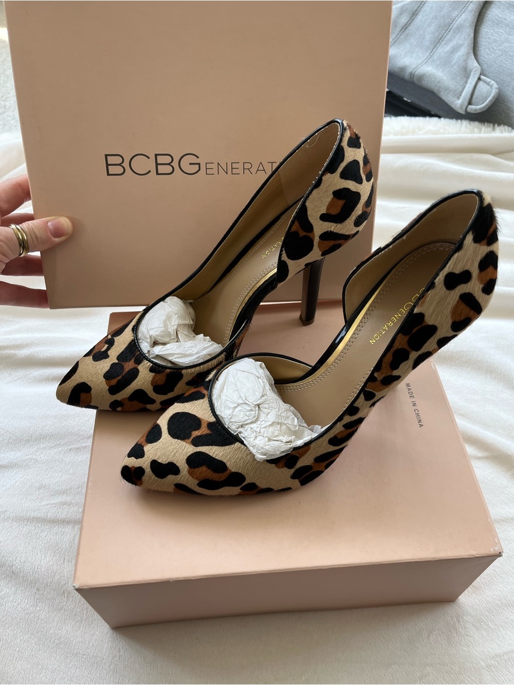 BCBG Leopard Print Pointed Toe Stiletto Pumps - Tan/Black